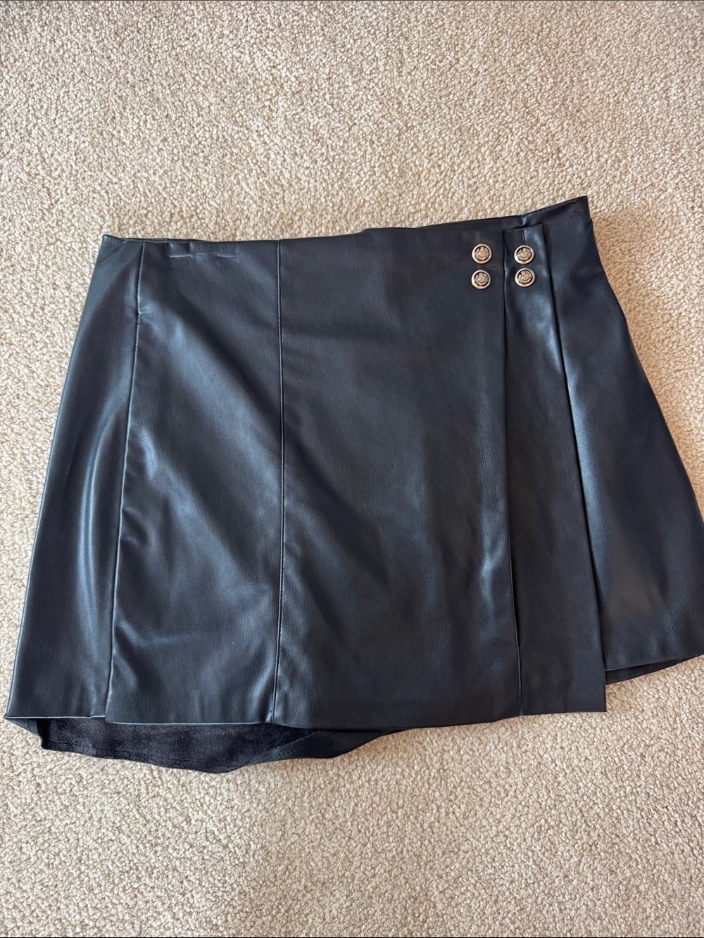 Zara Black Faux Leather Mini Skort with Decorative Buttons